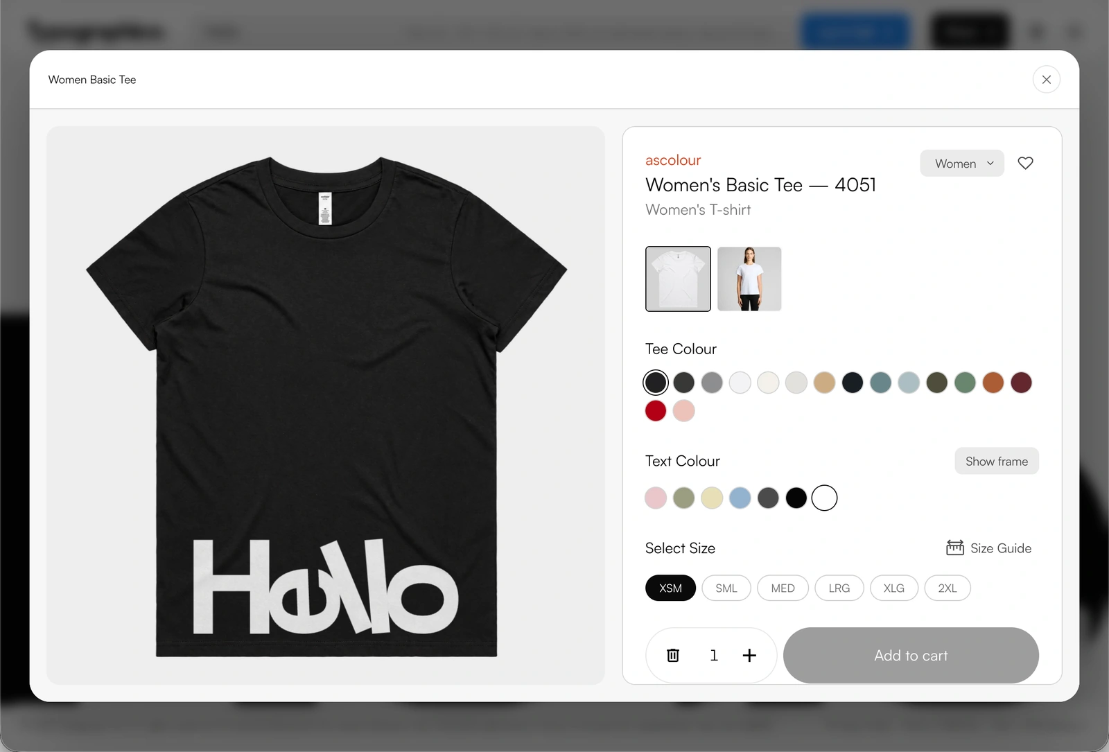 Preview the typographic composition on a garment and explore product options.