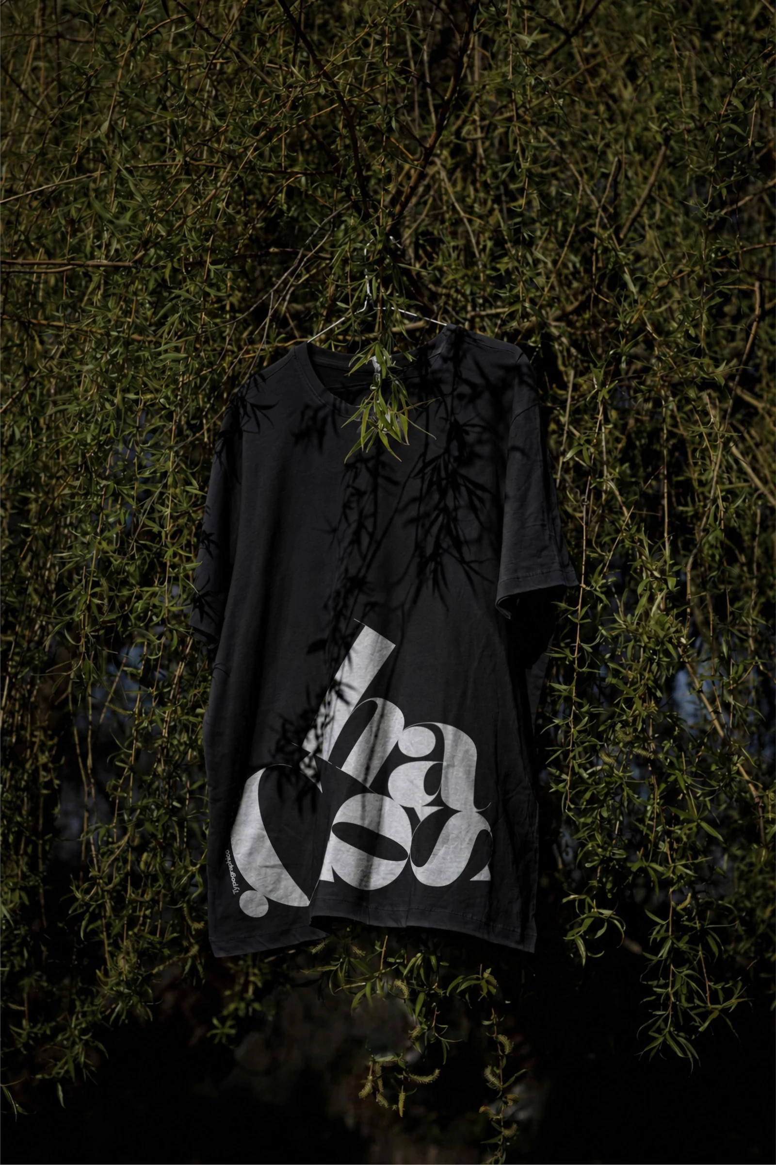 Black Chaos T-shirt hanging among foliage with natural leaf shadows.